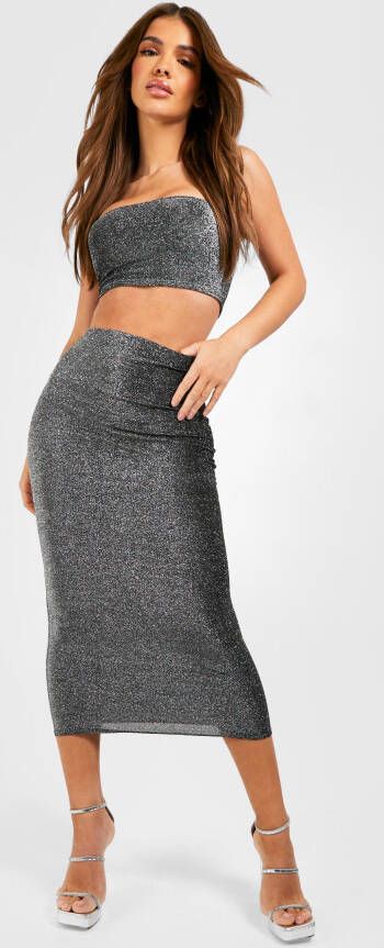 boohoo Glitter Midaxi Slip Skirt, Silver
