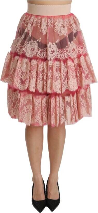 Dolce & Gabbana Pink Lace Layered High Waist Knee Length Skirt , Roze, Dames