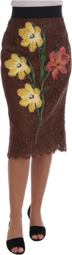 Dolce & Gabbana Brown Floral Lace Pencil Skirt , Bruin, Dames