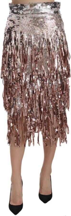 Dolce & Gabbana Sequin verfraaid Fringe Midi kokerrok , Grijs, Dames