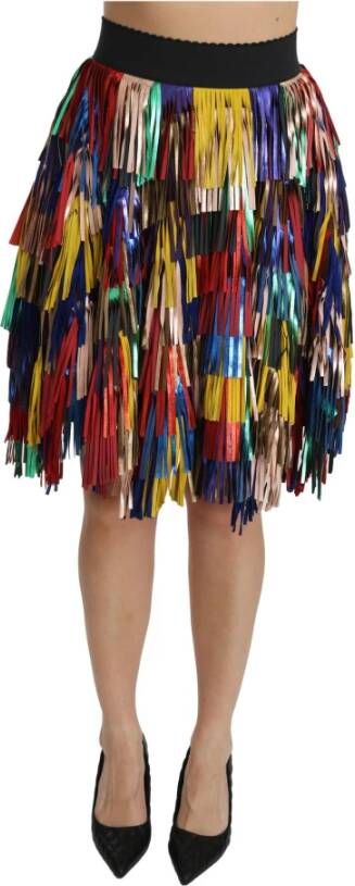 Dolce & Gabbana Red Yellow High Waist Knee Length Leather Skirt , Rood, Dames