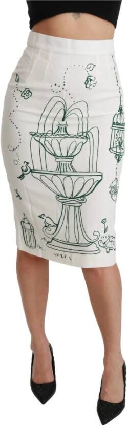 Dolce & Gabbana Green Fairy Tale Print Stretch White Skirt , Groen, Dames
