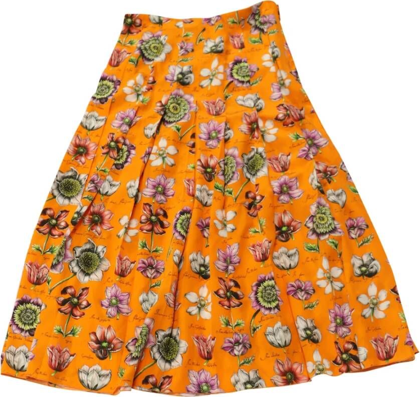 Gucci Floral Print Midi Skirt in Orange Silk , Oranje, Dames