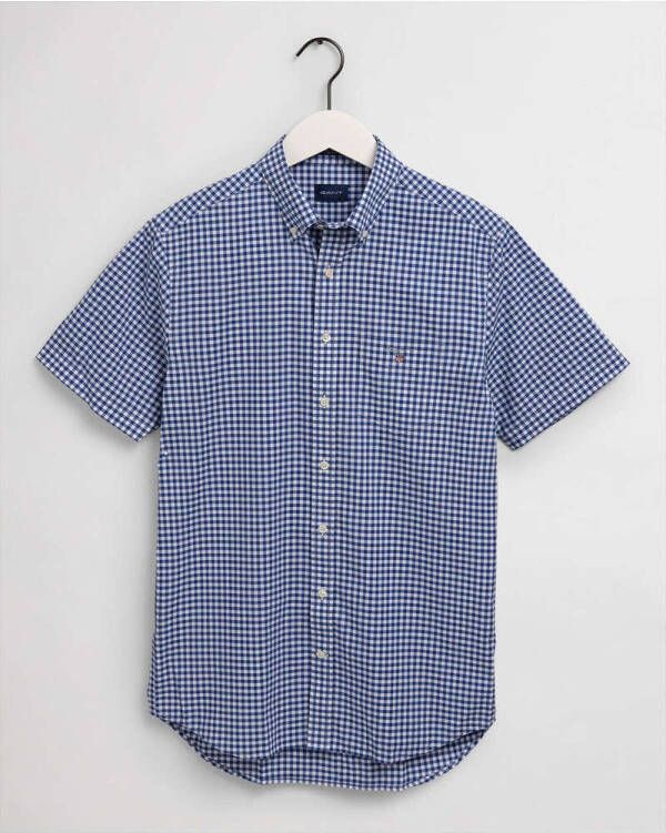 Gant casual overhemd korte mouw blauw geruit katoen wijde fit