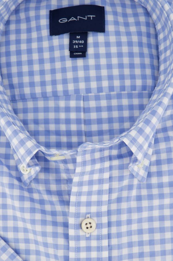 Gant casual overhemd korte mouw lichtblauw geruit katoen wijde fit