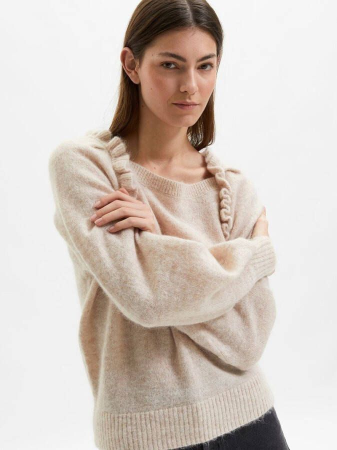 Selected Femme Lulu LS Knit Square Neck , Beige, Dames