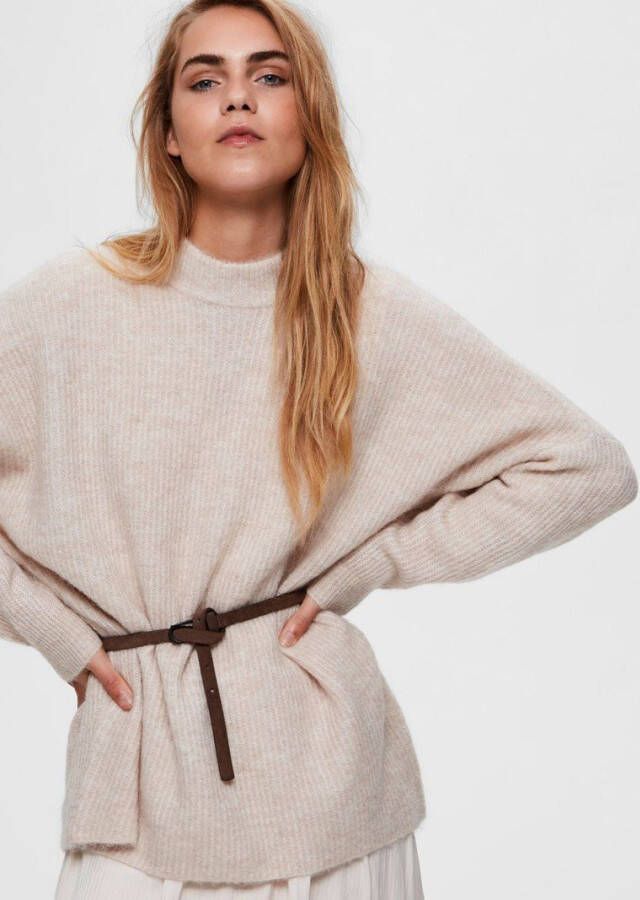 Selected Femme Slflulu Enica LS Knit O Neck , Beige, Dames