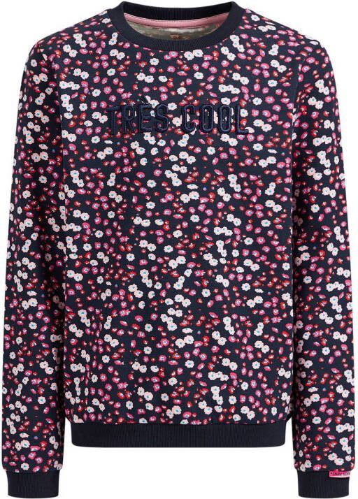 WE Fashion gebloemde longsleeve donkerblauw/roze